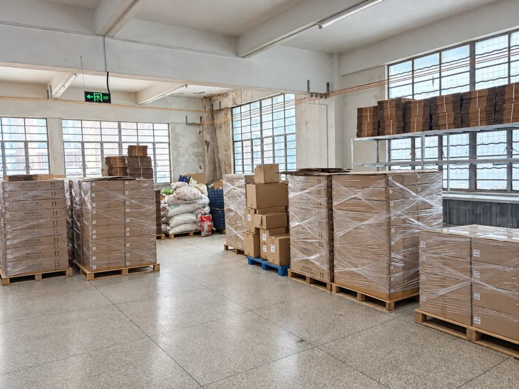 Packed hardware orders prepared on pallets for international shipment