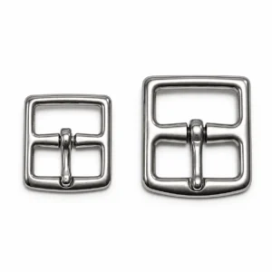Two stainless steel saddlery buckles for leather straps