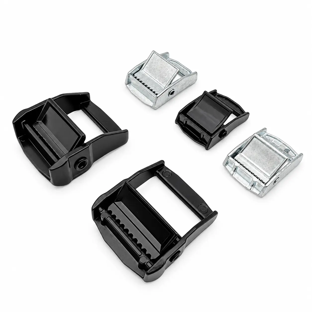Cam buckles for webbing straps in black and silver finishes