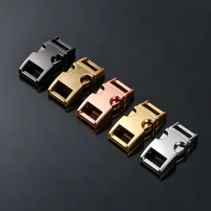 Metal side-release buckles for dog collars in five finishes