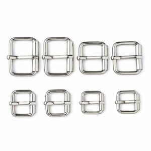 Polished silver roller pin buckles in eight sizes for pet collars and straps