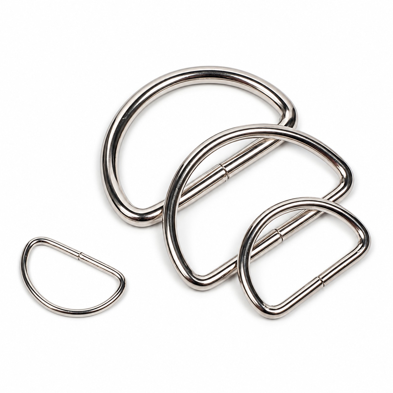 Stainless steel D-rings in assorted sizes for horse tack and outdoor straps