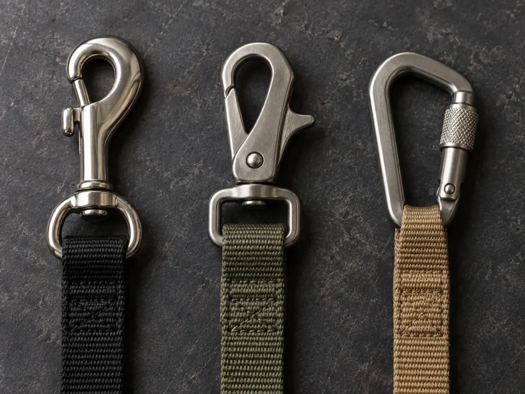 Bolt snap, trigger snap and locking carabiner attached to dog leash webbing