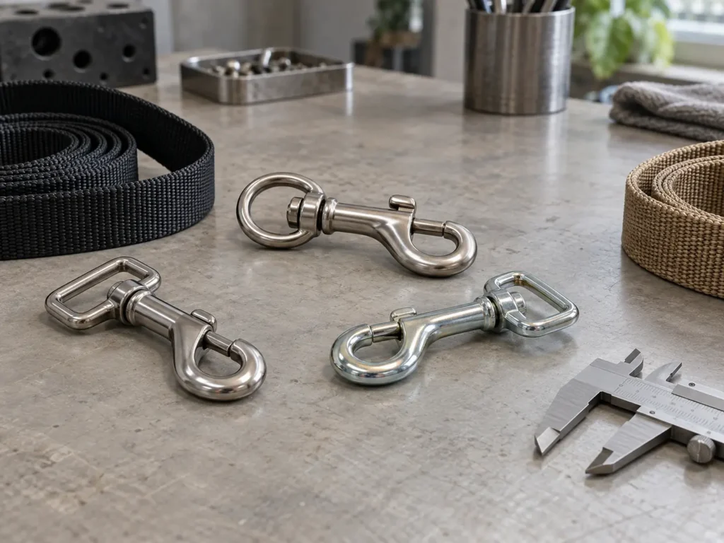 Swivel-eye and fixed-eye metal snap hooks with leash webbing and a caliper