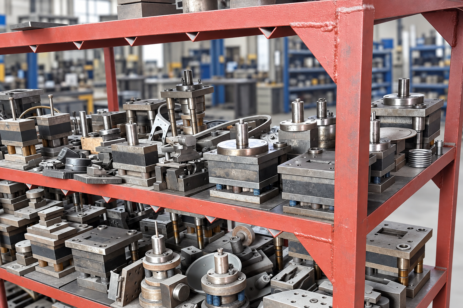Metal stamping dies organized on tooling racks inside a hardware factory