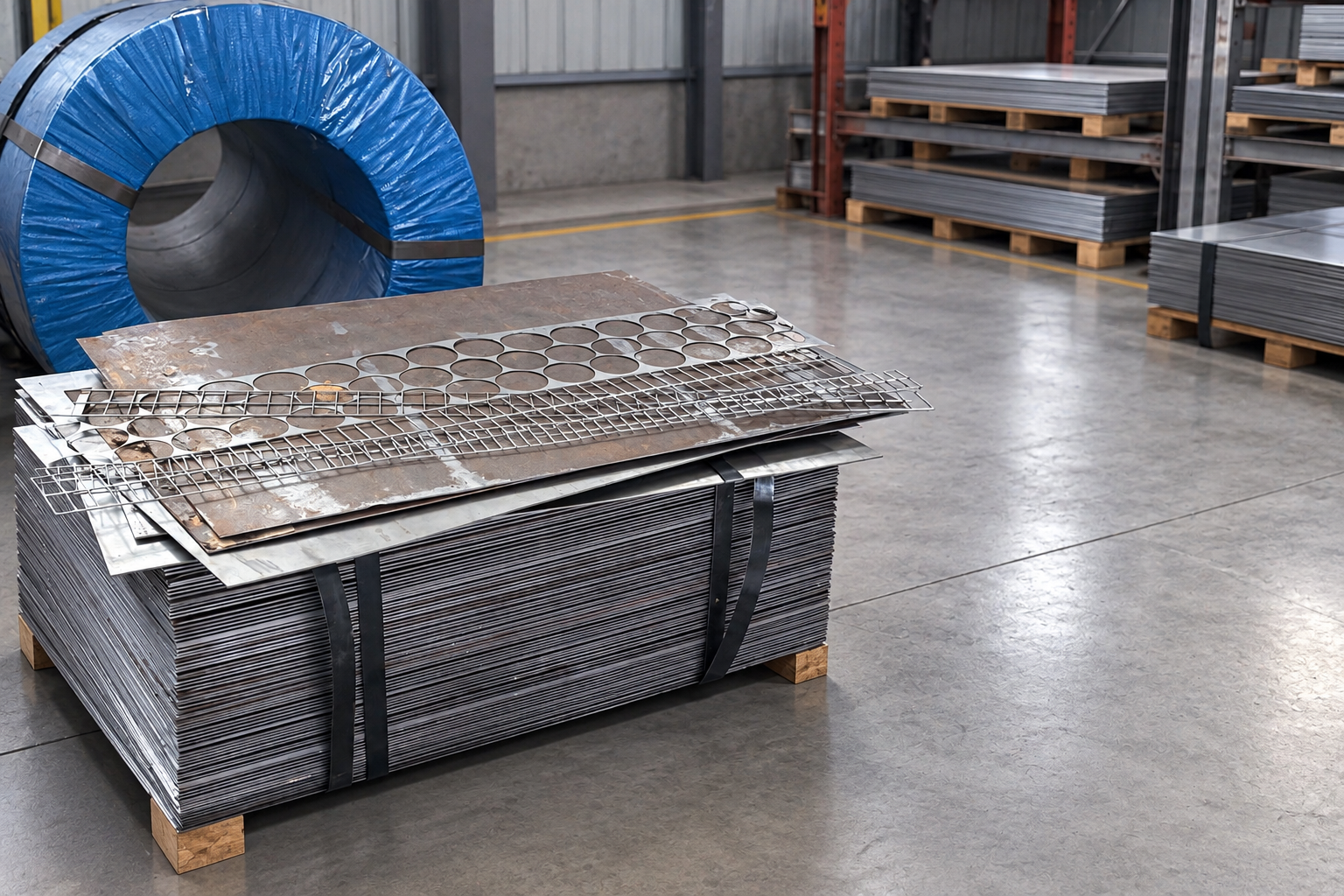 Metal sheet coils and stamped blanks prepared for hardware production