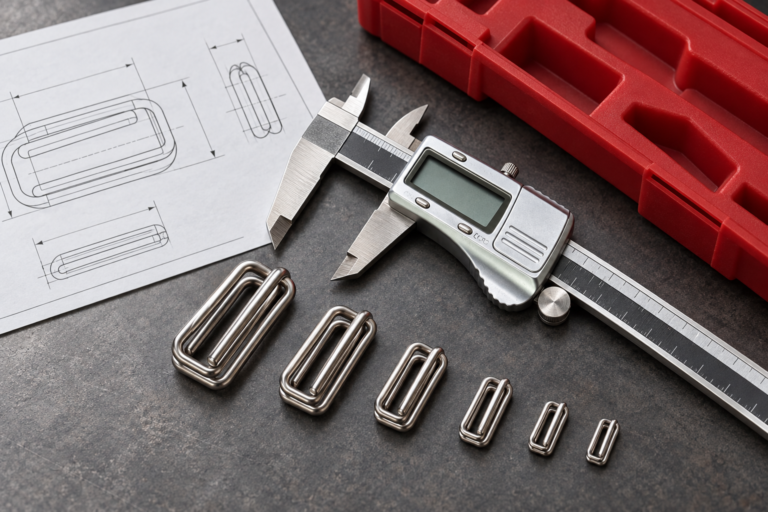 Digital caliper checking custom metal webbing connectors against technical drawings