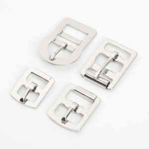Four styles of flat metal roller pin buckles for straps