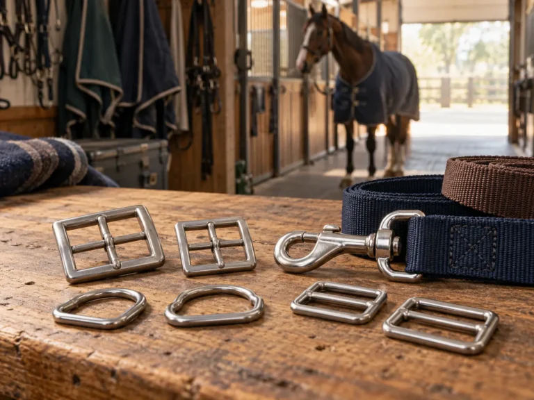 Horse blanket buckles, D-rings, snap hook and webbing sliders on a tack-room workbench