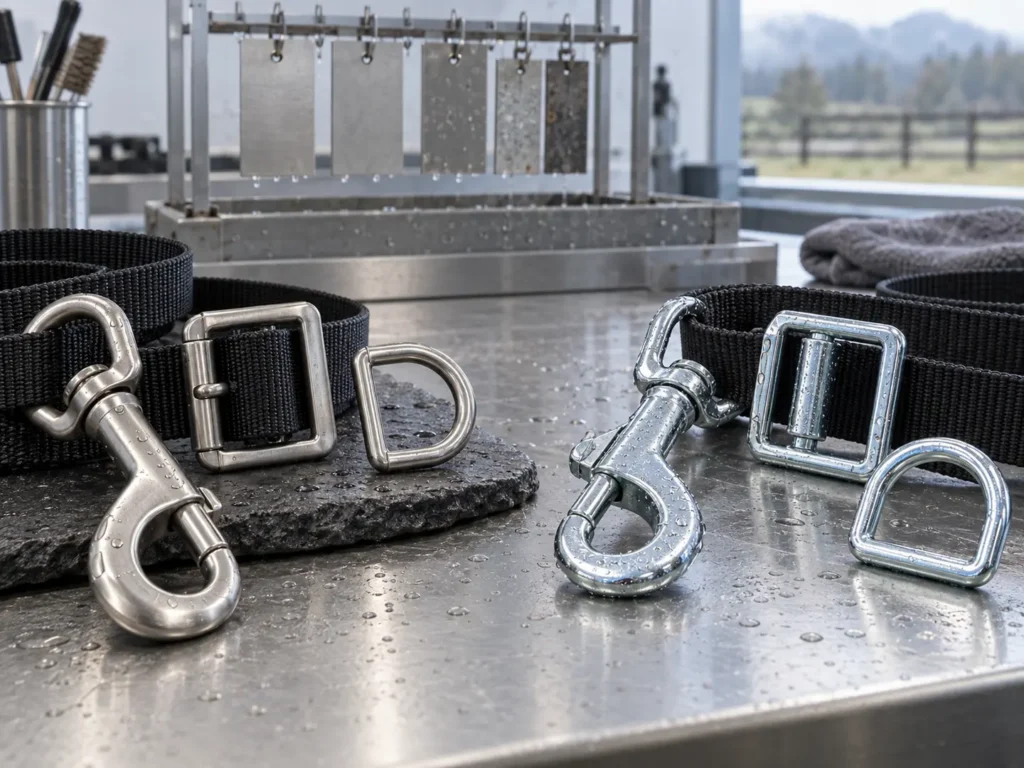 Stainless steel and zinc-plated hooks, buckles and D-rings on a corrosion test bench
