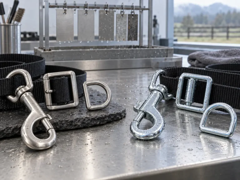Stainless steel and zinc-plated hooks, buckles and D-rings on a corrosion test bench