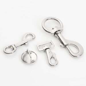Silver-tone swivel hooks and round pin-back button collection